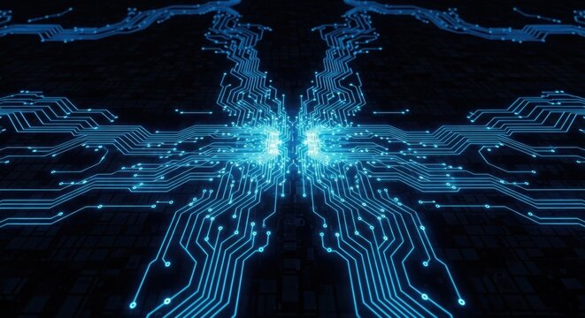 Cyberpunk glowing blue circuit board design for modern tech innovations