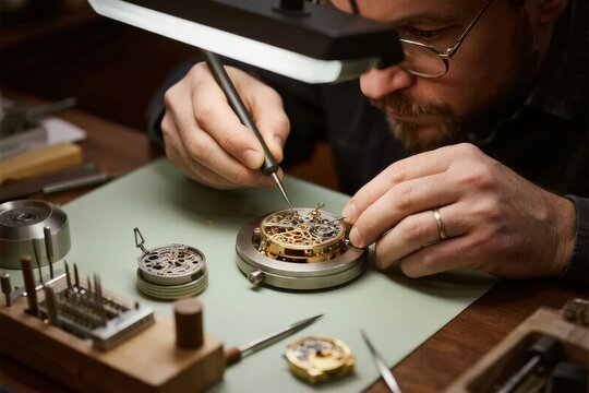A craftsman meticulously repairs a mechanical watch using precision tools under a magnifying lamp.