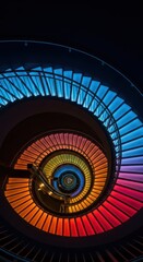 Dramatic overhead view captures a modern spiral staircase illuminated with vibrant rainbow lighting