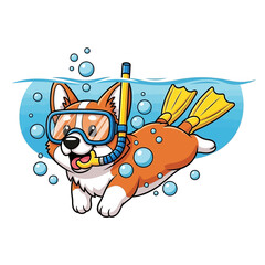 Adorable Corgi Dog Snorkeling Underwater with Goggles and Flippers. © Diajeng Anita