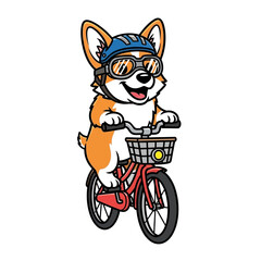 Corgi dog riding bicycle wearing helmet and goggles enjoying outdoor activity.