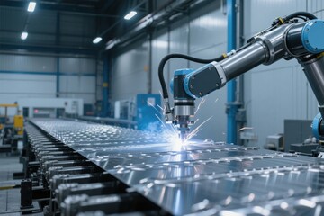 Industrial robotic arm performing precision welding on metal sheets in a manufacturing facility