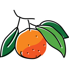Vibrant Orange Fruit with Green Leaves Hanging from a Twig on a Transparent Background Simple Line Art Style Illustration