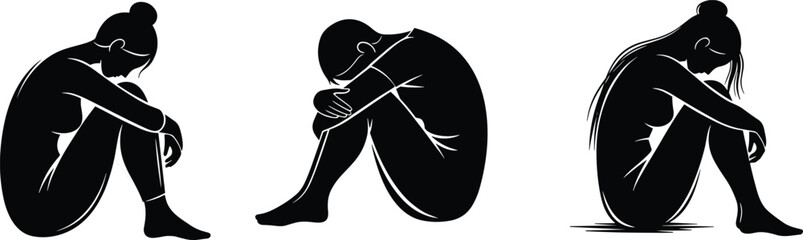 Vector silhouette set of depressed people sitting on floor, hugging knees, representing sadness, mental health, loneliness, despair, anxiety, and grief