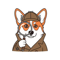Cute Corgi Dog Detective with Magnifying Glass and Deerstalker Hat.