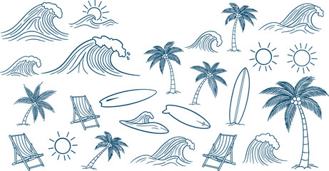 Beach icon collection, tropical summer elements, ocean wave symbols, palm tree and surfboard set, coastal vector pack, flat vector illustration