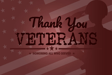 Thank You Veterans illustration banner with soldier silhouette against dark American flag background 