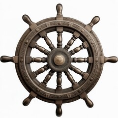Detailed close up of a vintage ship's wheel with intricate carvings and central brass detail