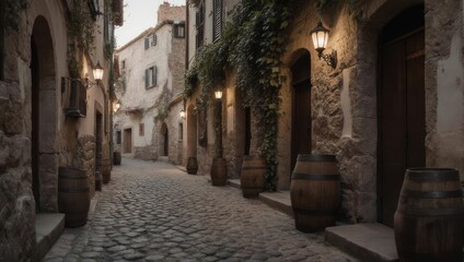 Obraz premium Cobblestone alleyway with aged stone buildings, warm light, and wooden barrels