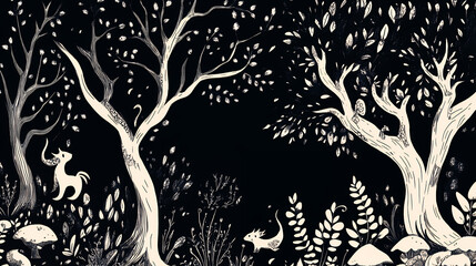 Whimsical forest illustration with stylized trees and playful creatures in monochrome