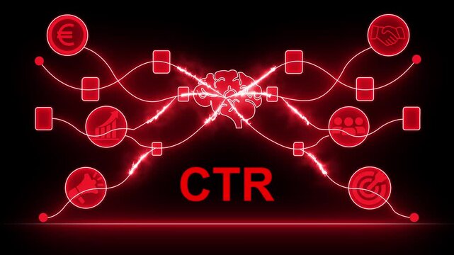 Digital Network Linking Brain Icon to CTR text with Glowing Lines and Symbols Click-Through Rate. 4k animation motion graphics.
