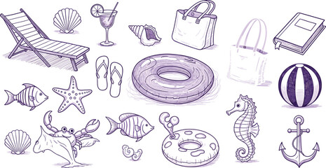Obraz premium Beach vacation icons, summer leisure items, hand drawn sketch style, purple tone illustration set, flat vector illustration