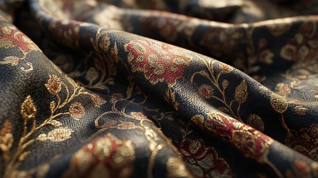 Closeup of dark fabric with intricate floral pattern in red and gold, showing texture and folds