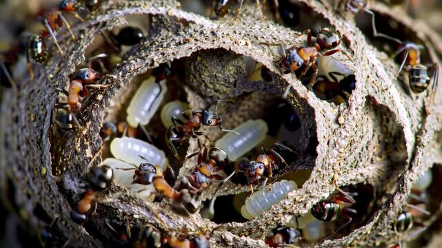 Ants inside their nest tending larva, revealing nest interior, with background of other ants. For education