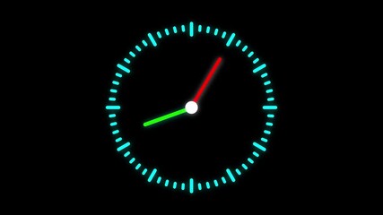 Animated neon clock with red and green hands, perfect for time tracking, watch apps, and digital interface graphics. Neon Clock Face with Red and Green Hands on a Black Background .
