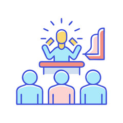 Speaker leading discussion with audience in business presentation concept