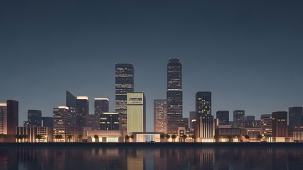 Obraz premium Cityscape at night illuminated skyscrapers reflected in calm water urban glow