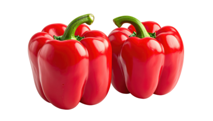 Two vibrant, perfectly formed bell peppers with rich red skin and sturdy green stems, isolated on a transparent background