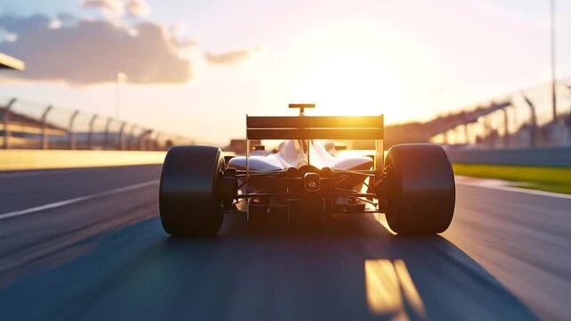 Race car speeding on track at sunset.