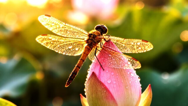 A warm macro nature photograph of a dragonfly perched on a lotus bud under sunrise lighting.