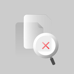 Modern liquid glass style illustration of missing document icon with magnifying, cross mark. file not found, document missing, data error, no results, broken link, system warning. empty state ui