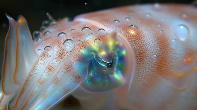 Close-up of a cuttlefish eye with water droplets, showing bioluminescence, for science or design