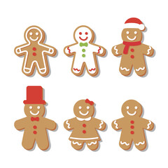 Cute set of Christmas gingerbread cookies in vector style featuring smiling gingerbread men and women decorated with icing details, festive accessories like Santa hat, scarf, bow tie, top hat, and hol