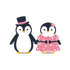 Cute Couple Penguins Holding Hands Wearing Formal Attire.