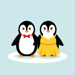 Two Adorable Cartoon Penguins Dressed Up for a Special Occasion.