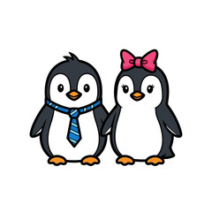Adorable cartoon penguin couple holding hands together.