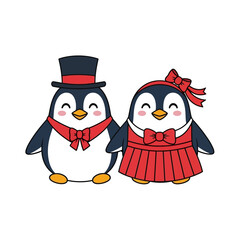 Adorable cartoon penguin couple dressed in red formal wear.