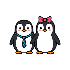 Adorable cartoon penguin couple with a blue tie and pink bow.