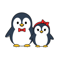 Adorable cartoon penguin couple with bow tie and hair bow.