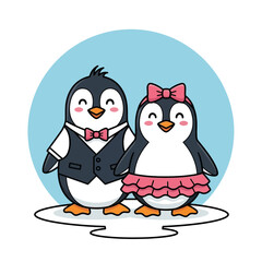 Adorable penguin couple dressed in formal attire standing together on ice.