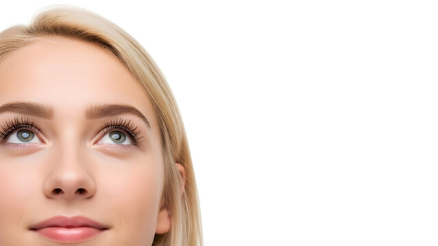 Close-up of Young Woman Looking Up with Curious Green Eyes on White Background – Thinking Expression