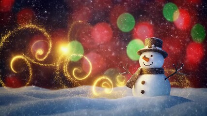 Magical winter holiday scene with a happy snowman, surrounded by dazzling golden light trails and sparkling bokeh, creating a festive atmosphere of seasonal joy and celebration - Powered by Adobe