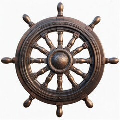 Detailed close up of a vintage wooden ship's wheel with spokes and handles on a plain backdrop