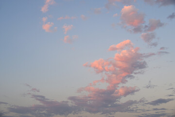 Early evening sky with fresh air and freedom, white fluffy clouds in blue sky with hints of pink...