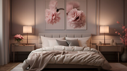 tufted blurred chic interior
Cozy bedroom interior with warm tones, large floral wall art, and modern furnitureA bedroom with a large bed and pink flowers on the wall

