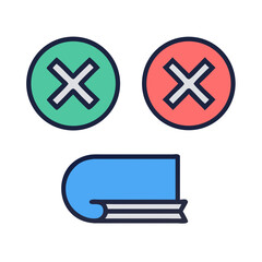 Learning process illustration: green tick, red cross and book
