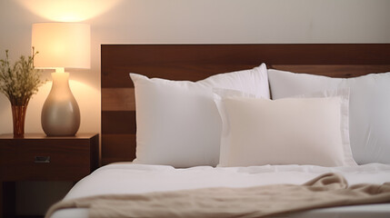 Soft white pillows and duvet on bedIndulge in the soothing ambiance of this bedroom interior, where meticulous details converge to create a haven of comfort