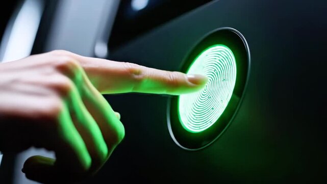 Close-up of a human finger pressing a glowing circular touch button on a sleek dark control panel...