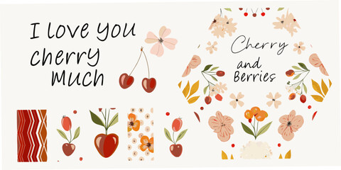 Whimsical cherry and berries illustration with floral accents and love message