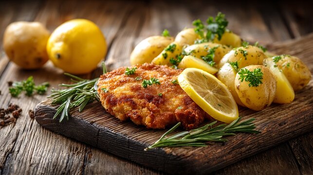 Delicious Schnitzel with Golden Potatoes and Fresh Lemon on Rustic Wooden Board
