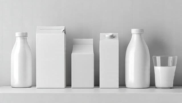 Milk and dairy product packaging mockups on a white shelf.