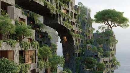 Conceptual image of a futuristic eco-friendly building with integration of nature