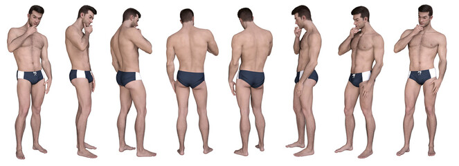 3D Render : standing young handsome muscular man character wearing blue swimming trunks in different angles, isolated, PNG transparent,for graphic resources