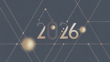 2026 text on blue background with gold spheres and geometric pattern