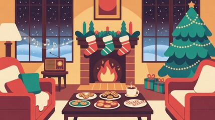 Cozy home interior scene with fireplace and gifts for winter holidays