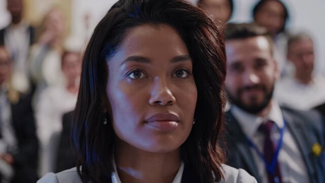 Attendees woman listen intently at a conference focused on key topics. Expressions shift from concentration to joy as engaging ideas are shared in a professional atmosphere.